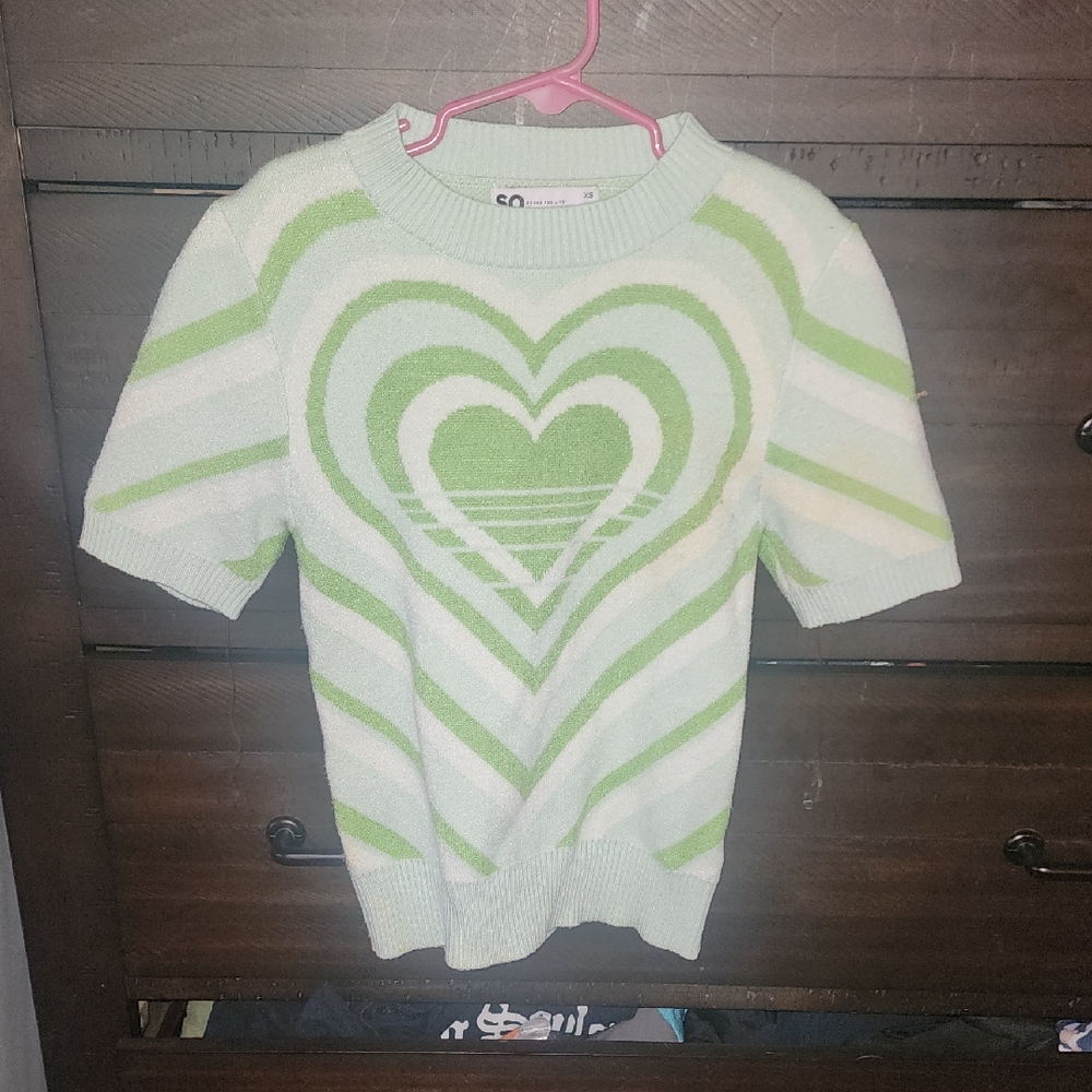 SO Green and White Crew Neck Heart Sweater